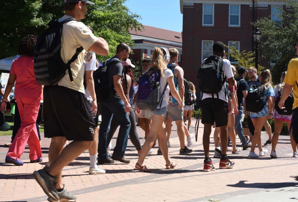 crowd of college students walking