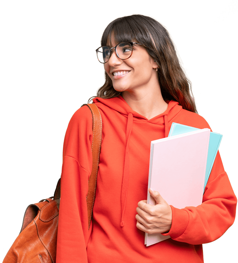 female college student wearing glasses and red hoody